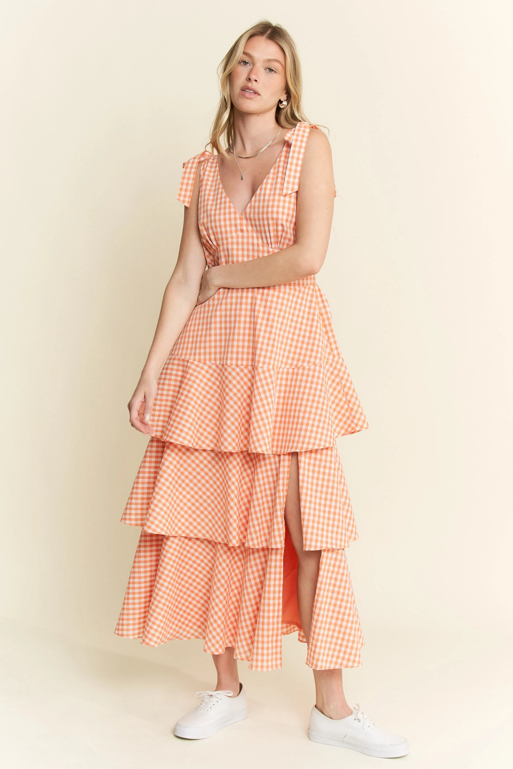 Orange Sleeveless Gingham Print Tiered Midi Dress - Tigbul's Variety Fashion Shop