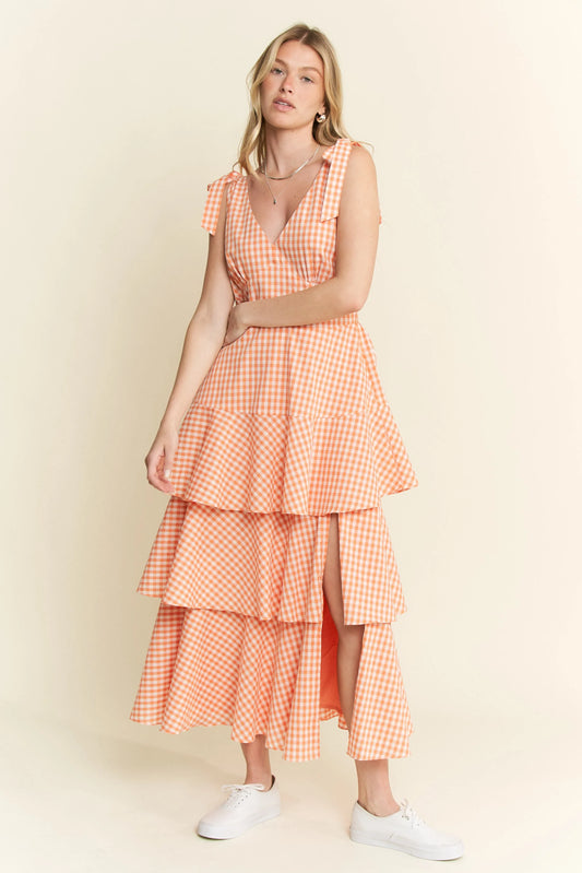 Orange Sleeveless Gingham Print Tiered Midi Dress - Tigbul's Variety Fashion Shop