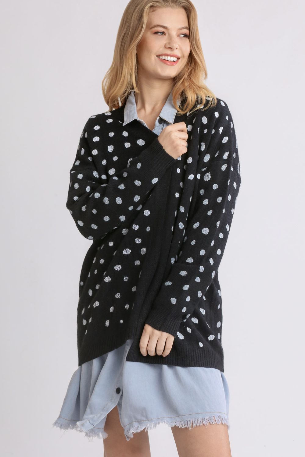 Polka Dot Open Front Drop Shoulder Cardigan - Tigbul's Variety Fashion Shop