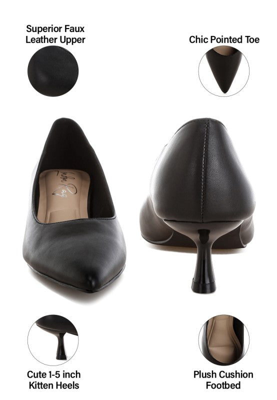 Black pointed-toe pump details: faux leather upper, 1.5in kitten heel