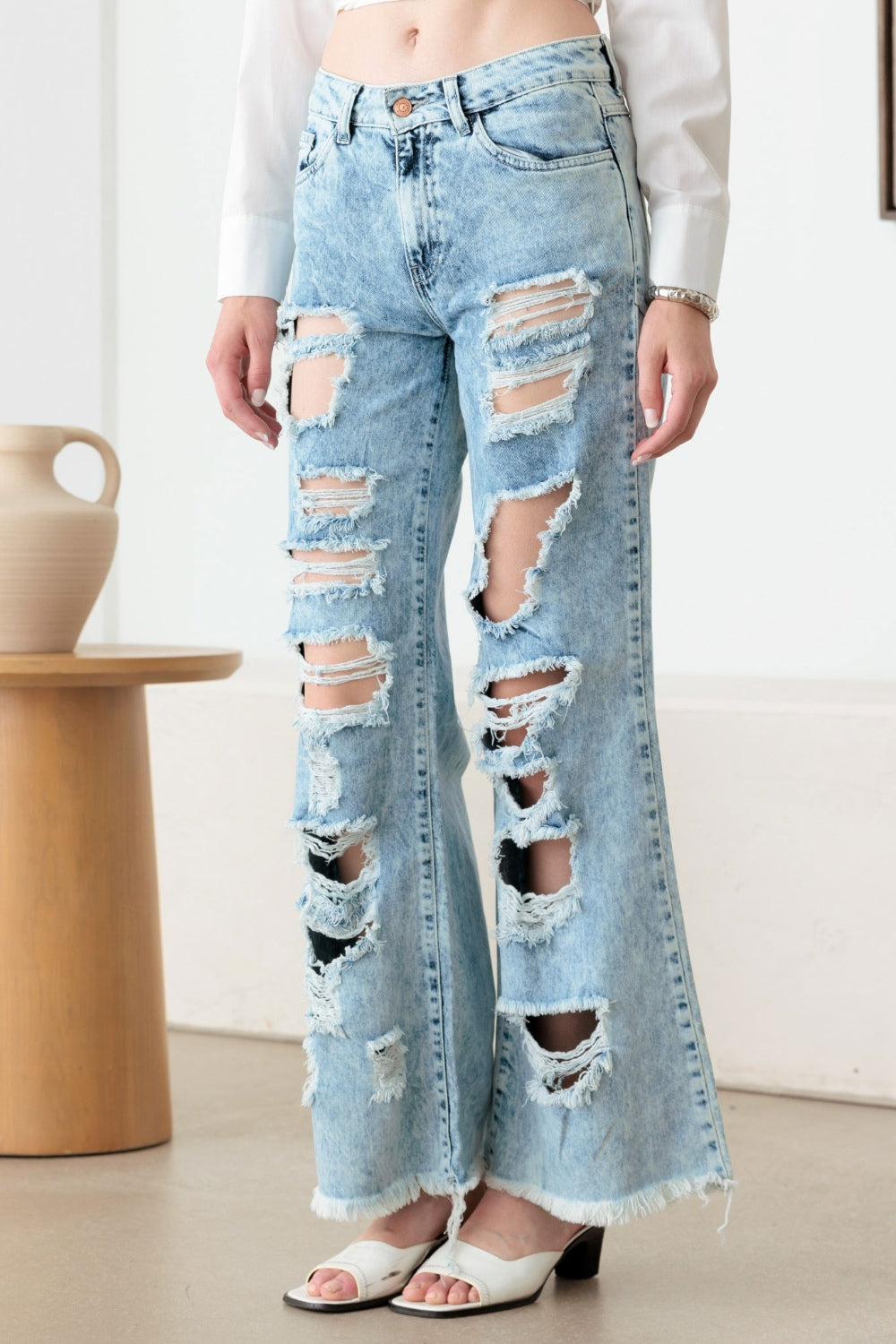 Litz La Distressed Frayed Hem Flare Jeans - Tigbul's Variety Fashion Shop