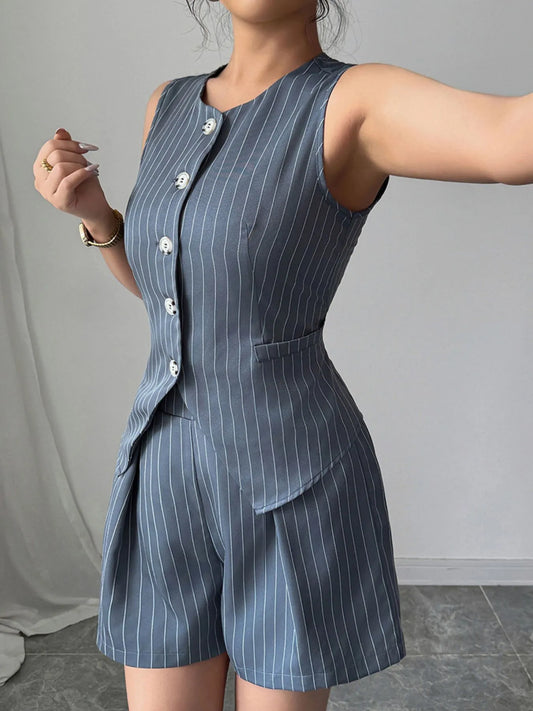Striped Button Up Vest and Shorts Set - Tigbul's Variety Fashion Shop