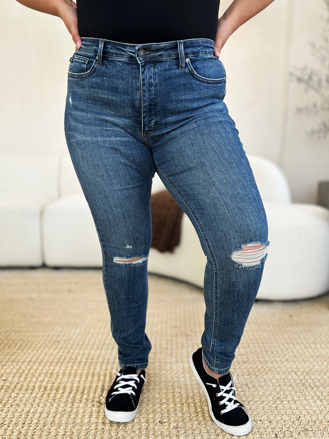 Judy Blue Full Size Mid Waist Distressed Slim Jeans - Tigbul's Variety Fashion Shop