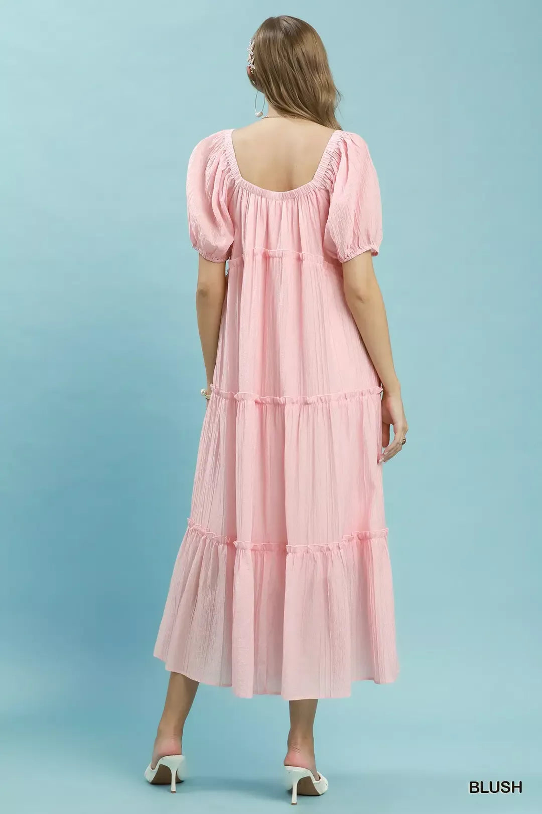 Umgee blush tiered midi dress, scoop-back with smocked yoke and tiered hem