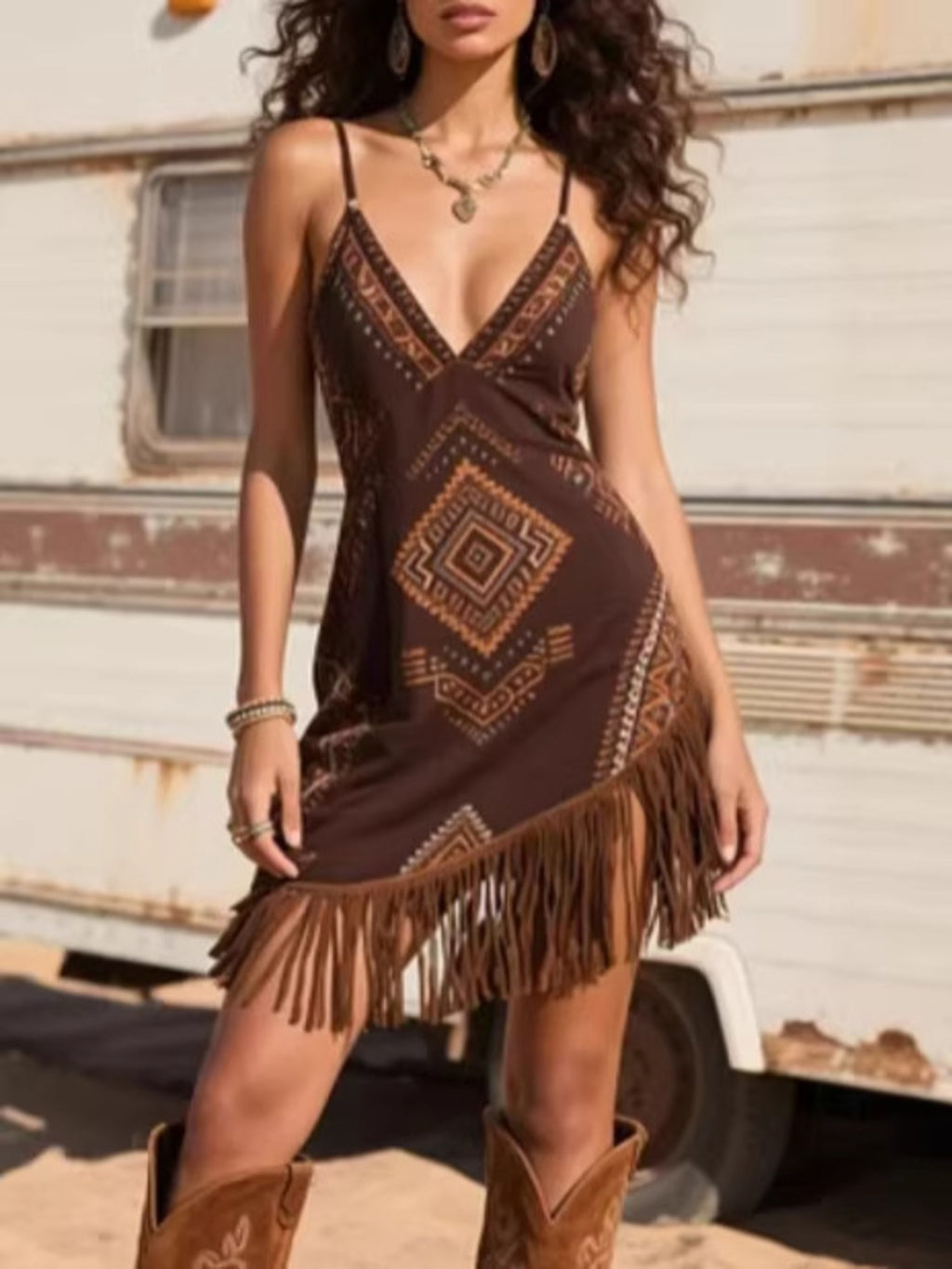 Brown geometric mini dress with V-neck and fringe trim at hem