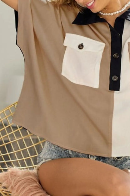 Color Block Quarter Neck Short Dolan Sleeve Top - Tigbul's Variety Fashion Shop
