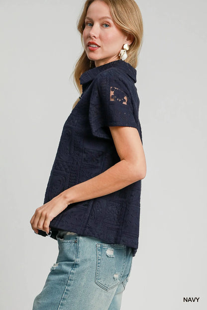 Umgee Patch Lace Short Sleeve Button Down Shirt - Tigbul's Variety Fashion Shop