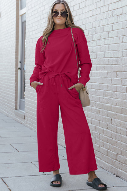 Textured Long Sleeve Top & Pants Set - Tigbuls Variety Fashion