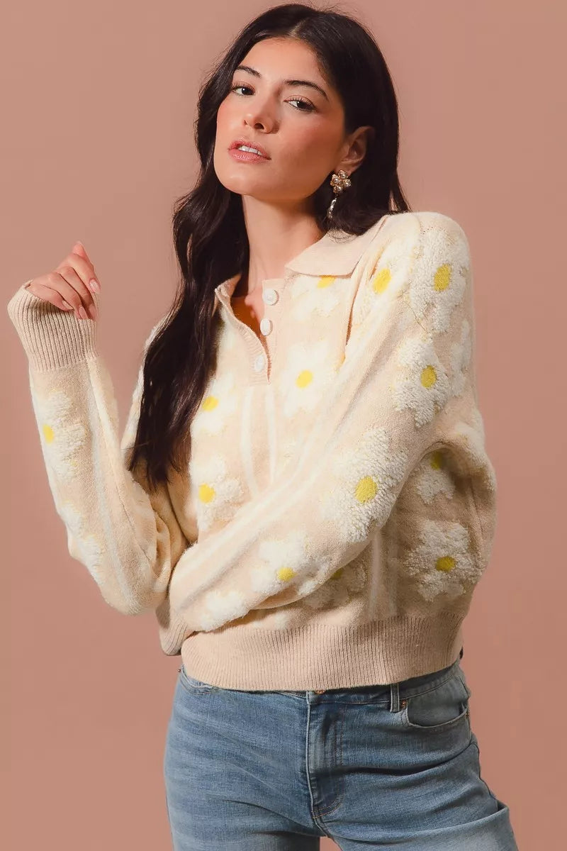 Floral Stripe Polo Collar Sweater - Tigbul's Variety Fashion Shop