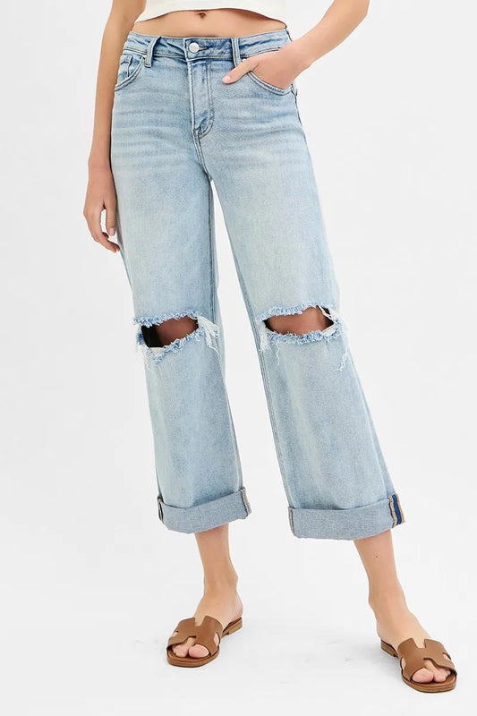 RISEN Full Size Mid Rise Fit Boyfriend Jeans with Cuff Plus Size - Tigbul's Variety Fashion Shop