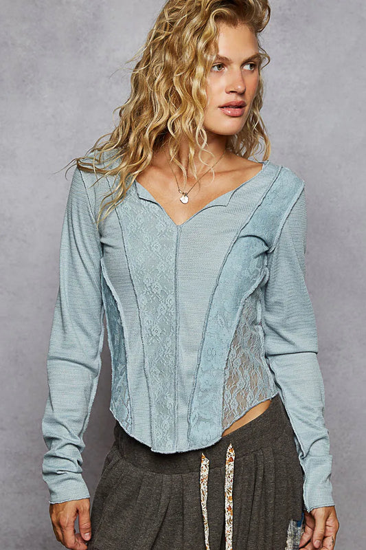 POL Lace Patchwork Long Sleeve T-Shirt - Tigbul's Variety Fashion Shop