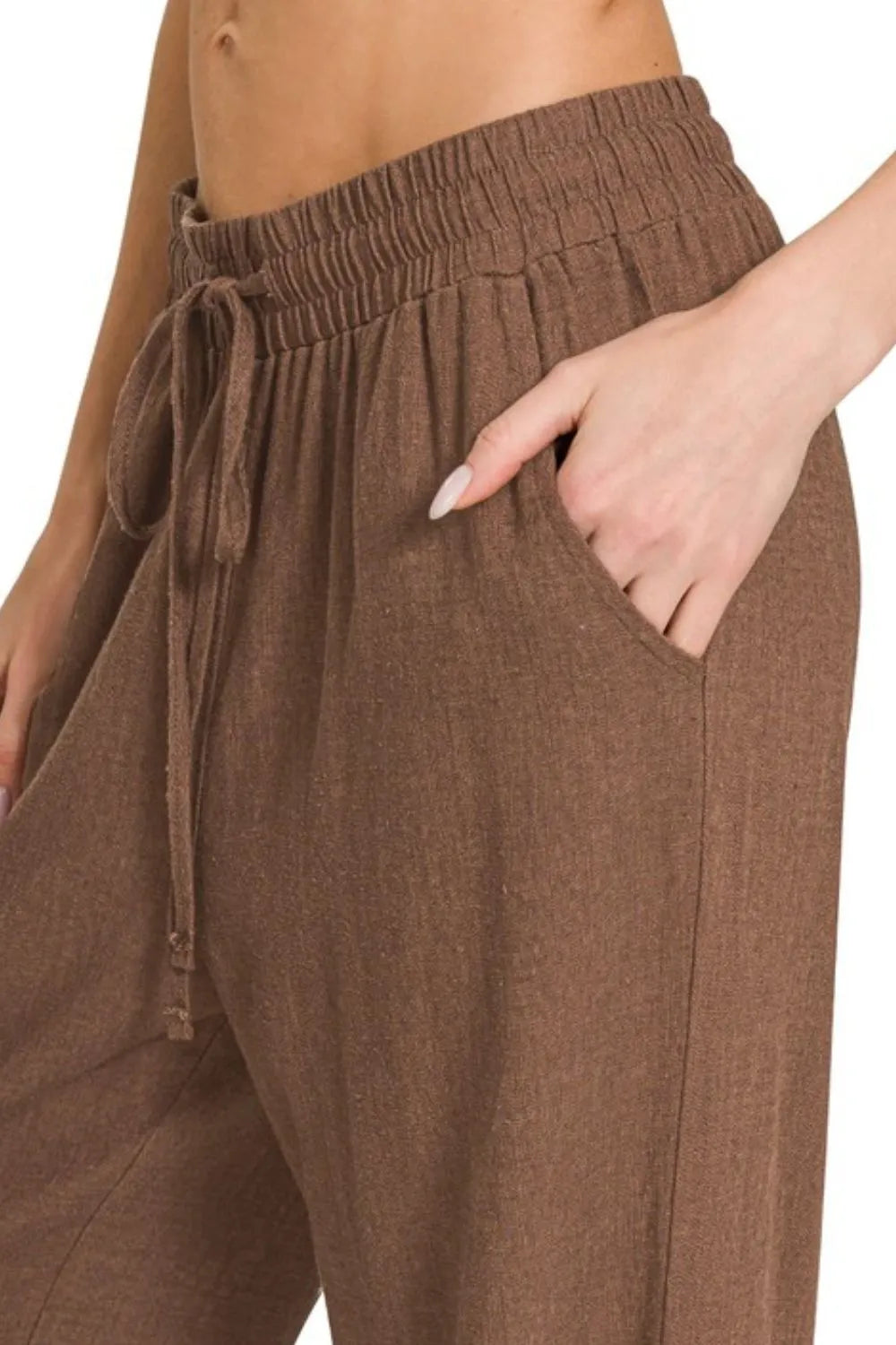 Brown Linen Drawstring Pants - Tigbul's Variety Fashion Shop