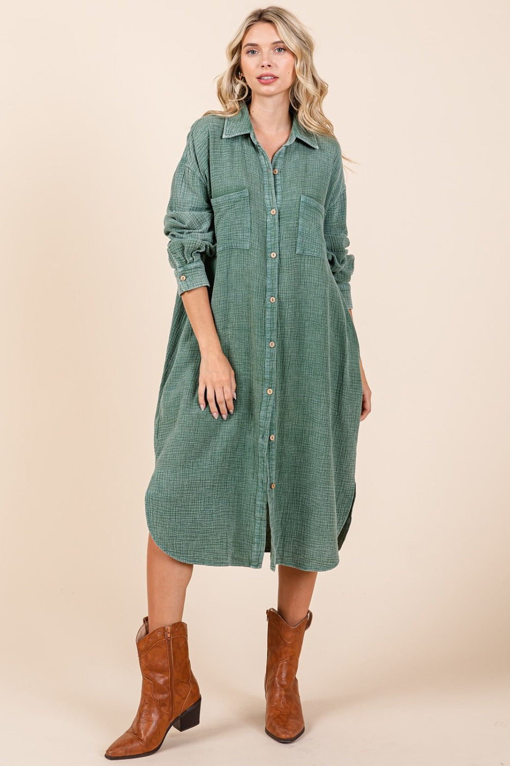 Green Mineral Wash Cotton Gauze Midi Shirt Dress - Tigbul's Variety Fashion Shop