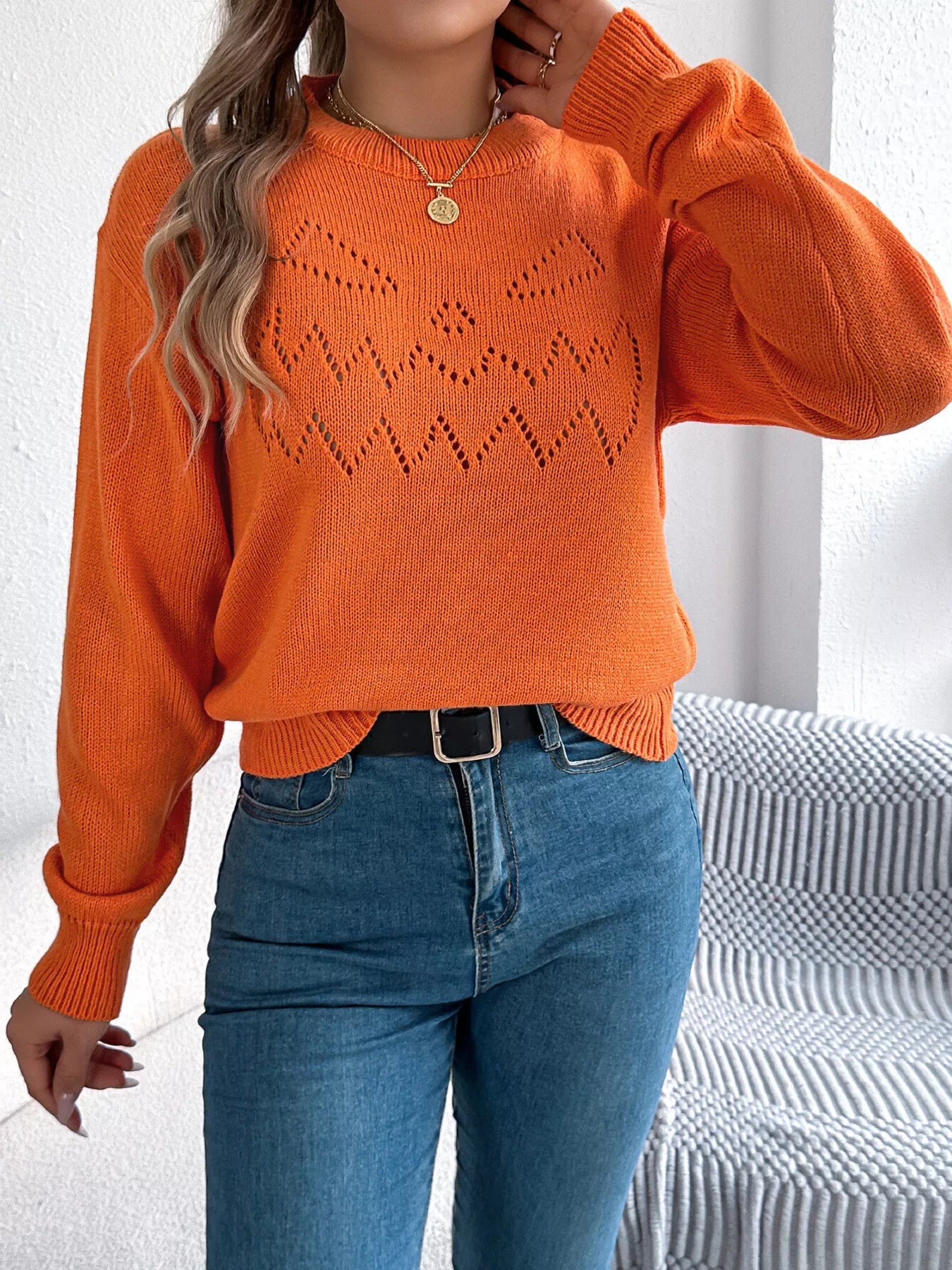 Openwork Round Neck Long Sleeve Sweater - Tigbul's Variety Fashion Shop