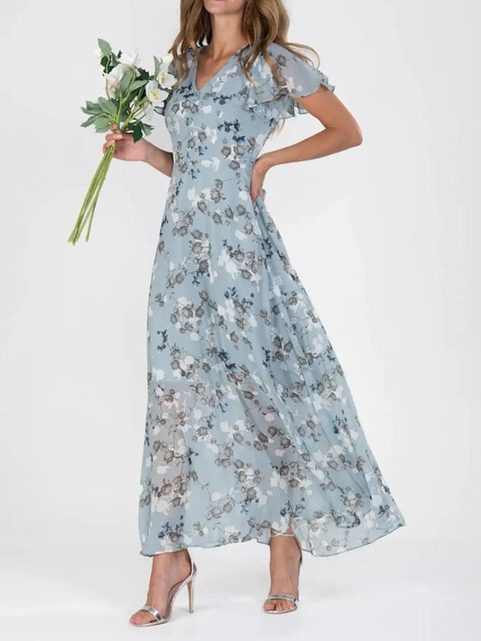Floral V-Neck Flutter Sleeve Maxi Dress - Tigbul's Variety Fashion Shop