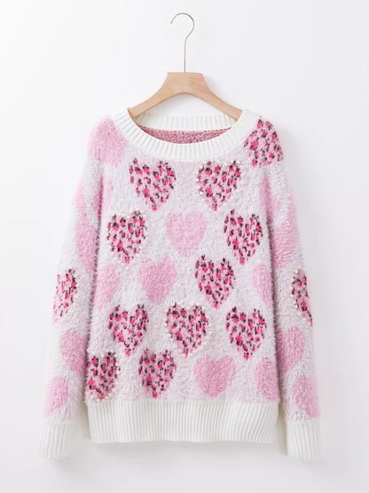 Heart Leopard Pearled Ribbed Trim Fuzzy Sweater - Tigbul's Variety Fashion Shop