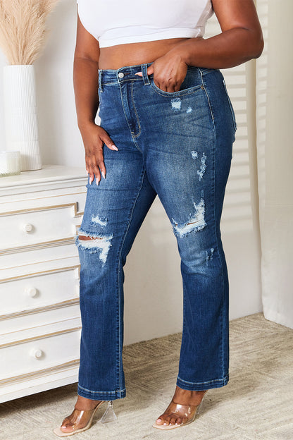 Judy Blue Full Size Mid Rise Hand Sand & Destroy Bootcut Jeans - Tigbul's Variety Fashion Shop