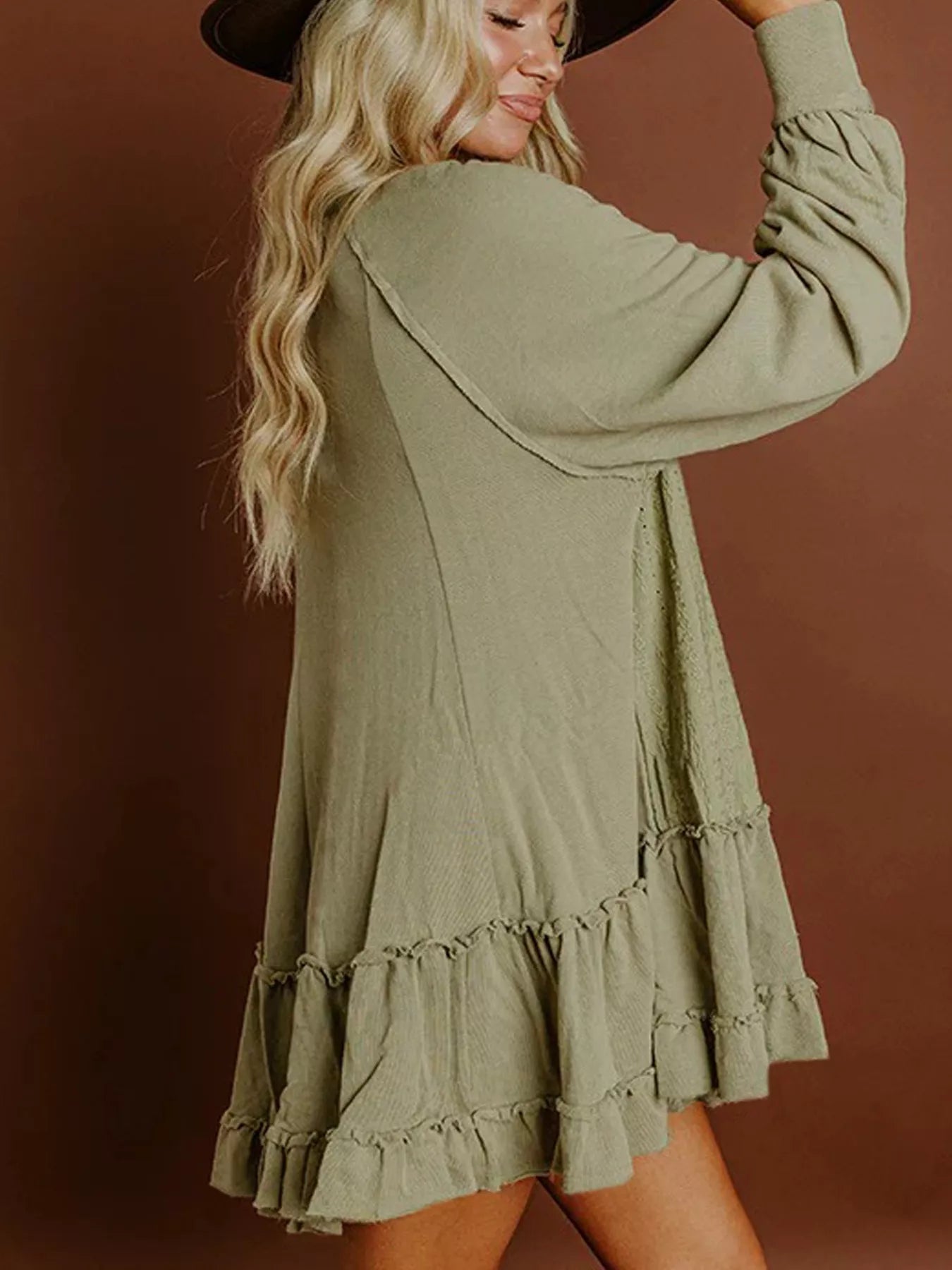 Frill Round Neck Long Sleeve Mini Dress - Tigbul's Variety Fashion Shop