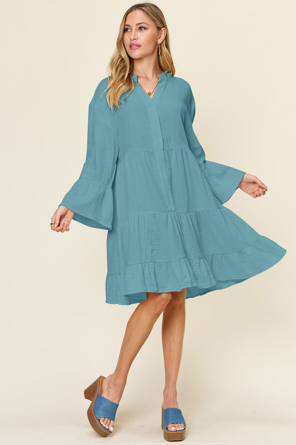 Double Take Full Size Texture Button Up Ruffle Hem Dress - Tigbul's Variety Fashion Shop