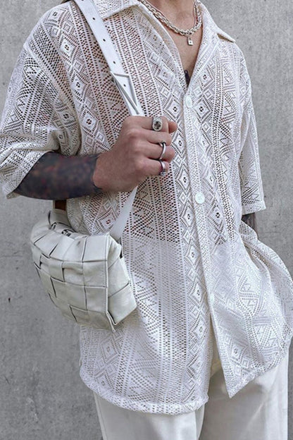Men's Full Size Lace Half Sleeve Button Down Shirt Plus Size - Tigbul's Variety Fashion Shop