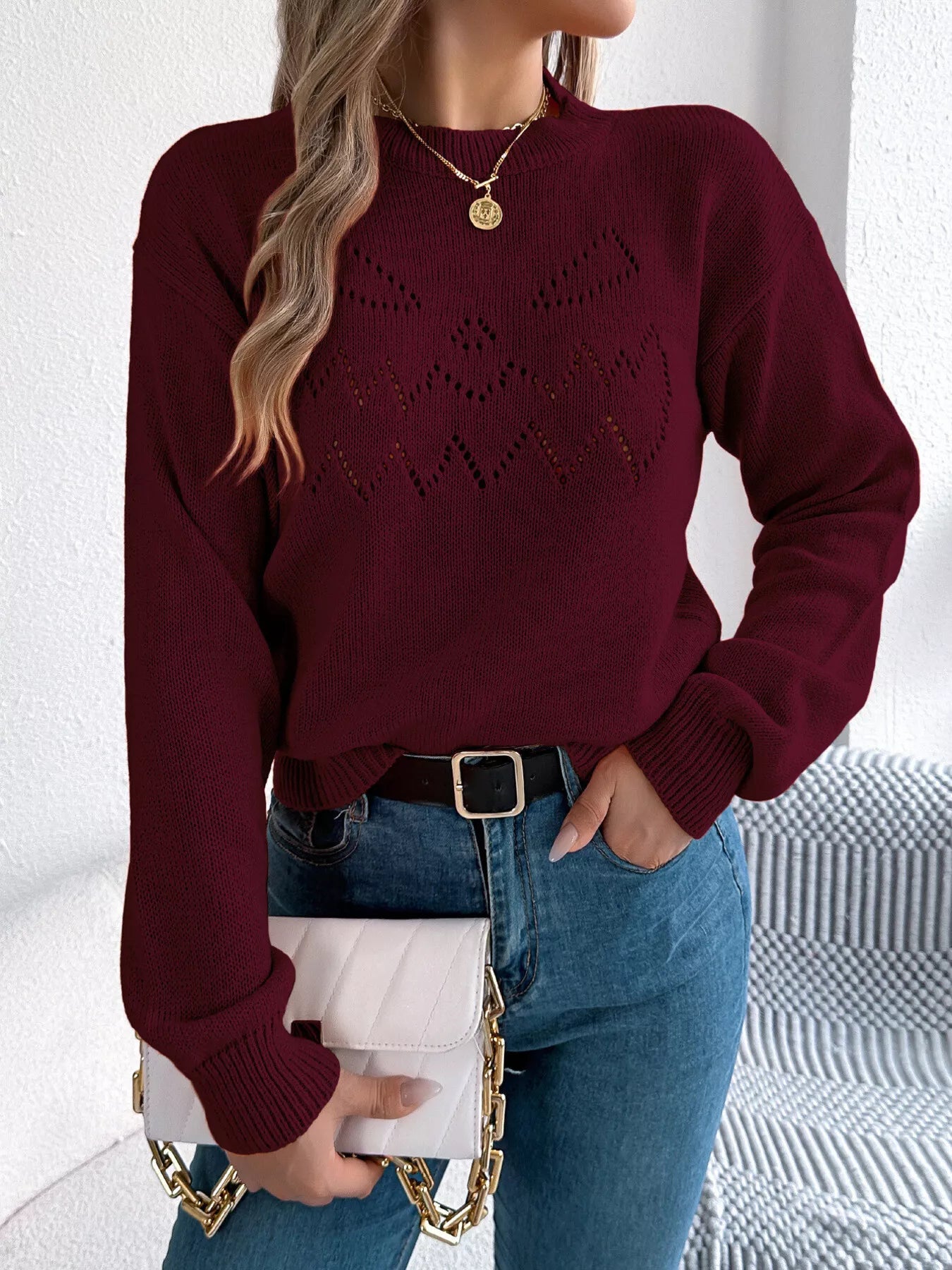Openwork Round Neck Long Sleeve Sweater - Tigbul's Variety Fashion Shop