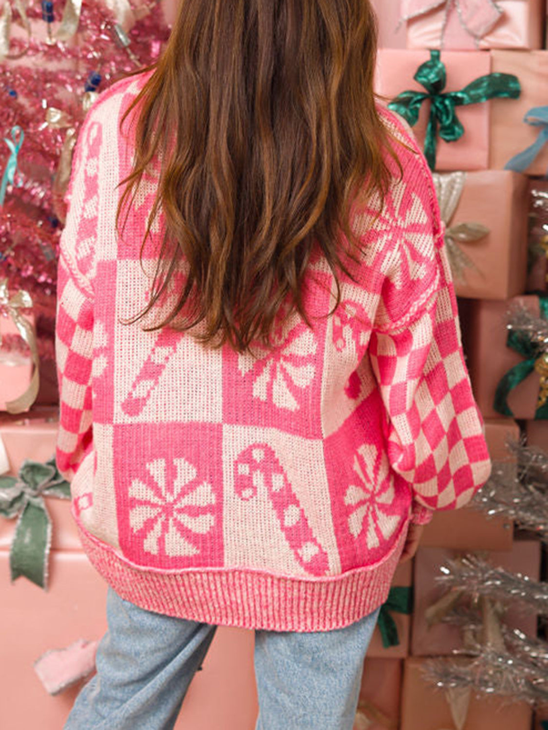 Pink Candy Cane Round Neck Long Sleeve Sweater - Tigbul's Variety Fashion Shop