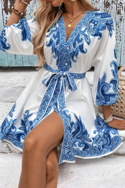 Paisley V-Neck 3/4 Sleeve Mini Dress - Tigbul's Variety Fashion Shop