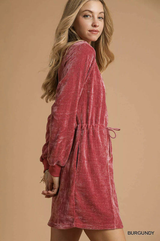 Burgundy Velour Drawstring Mini Dress with Long Sleeves - Tigbul's Variety Fashion Shop