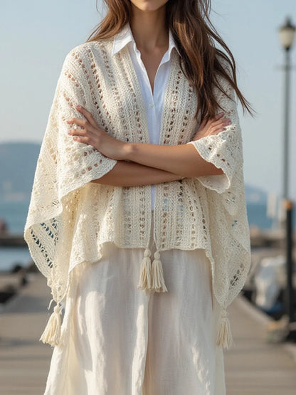 Openwork Tassel Open Front Knit Cover Up - Tigbul's Variety Fashion Shop
