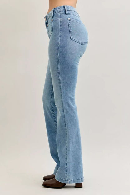 Judy Blue Full Size Mid Rise Bootcut Jeans with Contrast Wash & Front Patch Pockets Plus Size - Tigbul's Variety Fashion Shop