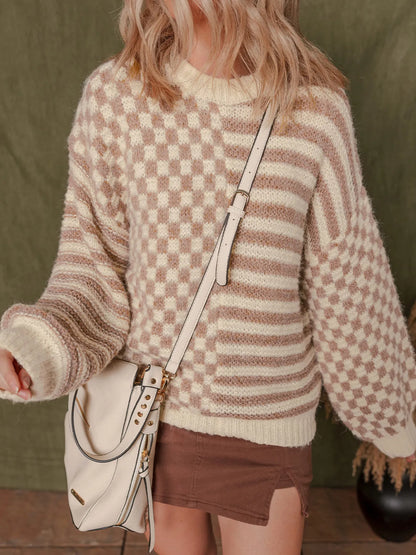Stripe Checkerboard Drop Shoulder Balloon Sleeve Sweater - Tigbul's Variety Fashion Shop