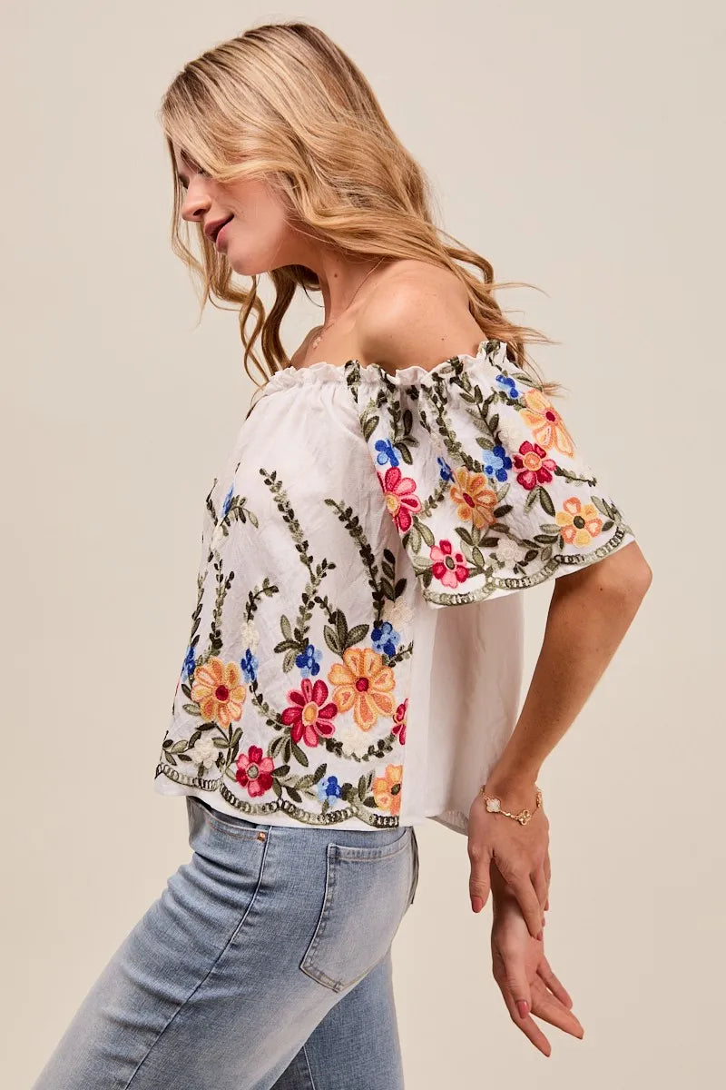 SO ME Floral Embroidered Two Way Off The Shoulder Blouse - Tigbul's Variety Fashion Shop