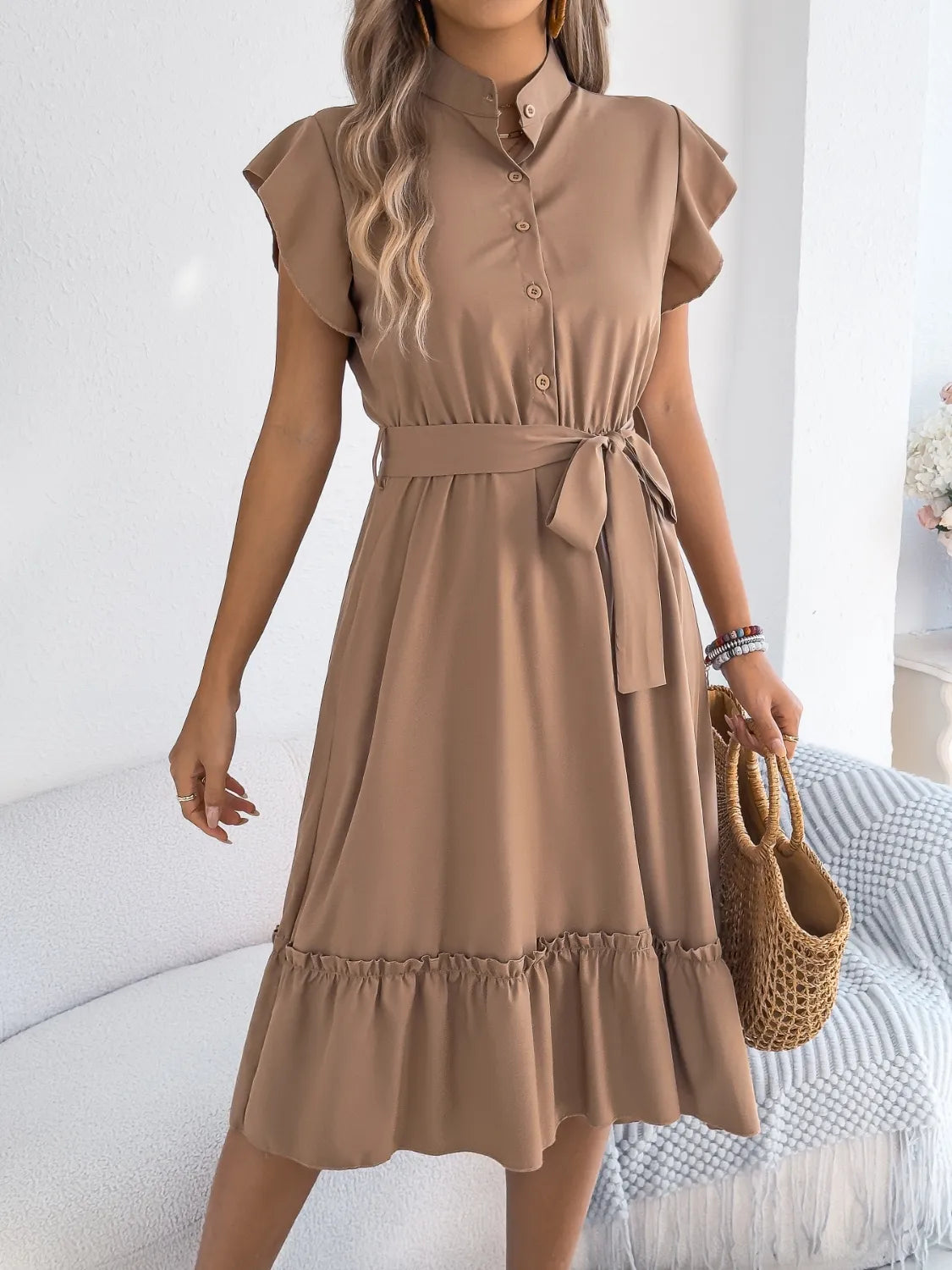 Tie Waist Ruffled Cap Sleeve Dress - Tigbul's Variety Fashion Shop