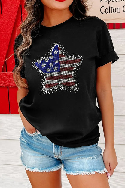 Star Round Neck Short Sleeve Black T-Shirt - Tigbul's Variety Fashion Shop