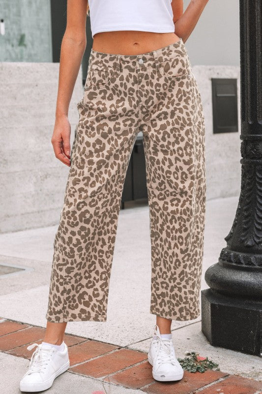 Khaki leopard straight jeans, relaxed leg, cuffed hem