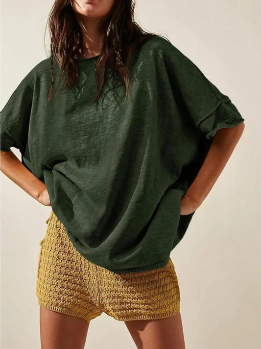 Oversized Round Neck Drop-Shoulder T-Shirt - Tigbul's Variety Fashion Shop