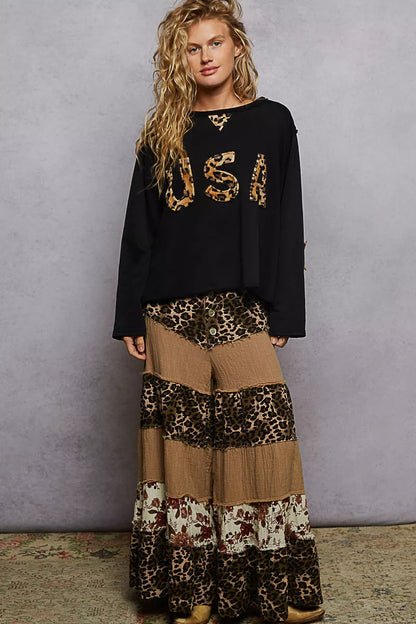 POL Round Neck Long Sleeve French Terry Sweatshirt with USA Letter Animal Patch - Tigbul's Variety Fashion Shop
