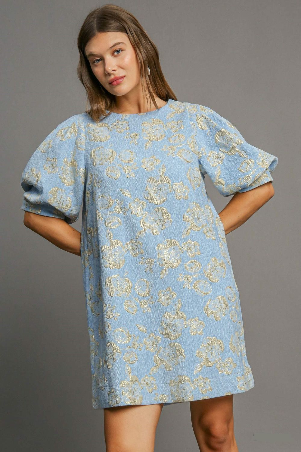 Umgee Floral Jacquard Puff Sleeve Mini Dress - Tigbul's Variety Fashion Shop