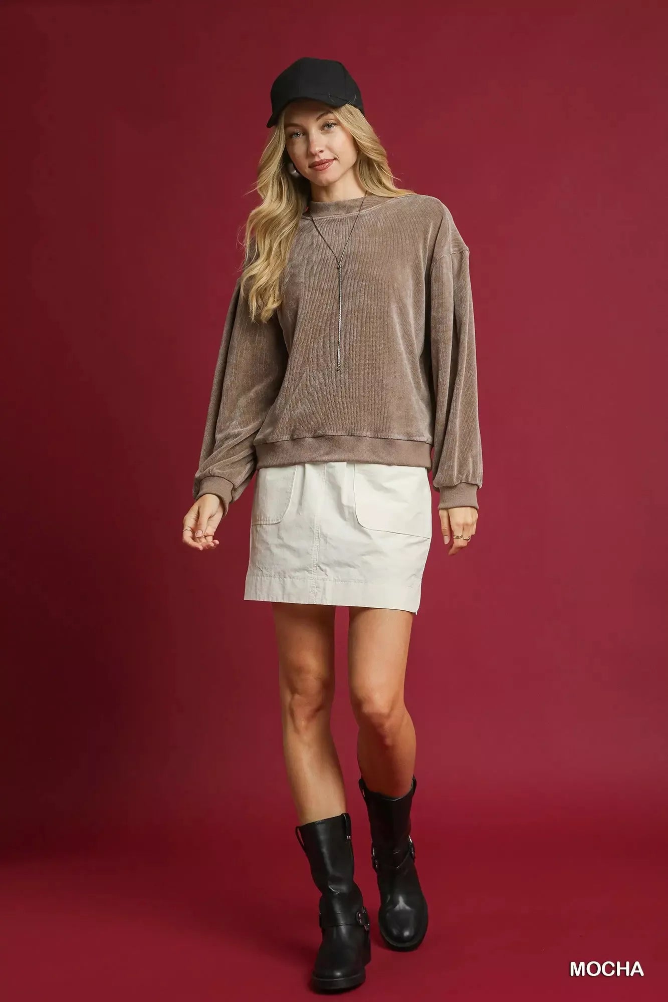 Umgee Velour Crewneck Balloon Sleeve Sweatshirt - Tigbul's Variety Fashion Shop