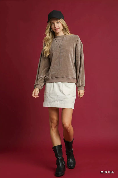 Umgee Velour Crewneck Balloon Sleeve Sweatshirt - Tigbul's Variety Fashion Shop