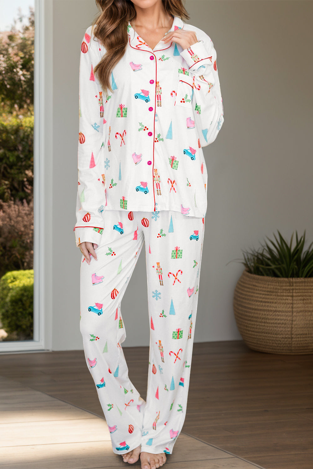 Printed Collared Neck Long Sleeve Top and Pants Lounge Set - Tigbul's Variety Fashion Shop