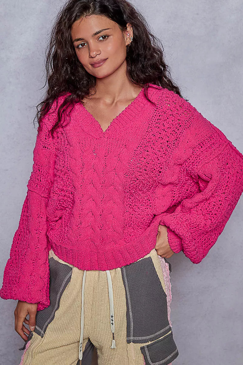 POL Cable-Knit Solid V-Neck Cropped Sweater - Tigbul's Variety Fashion Shop