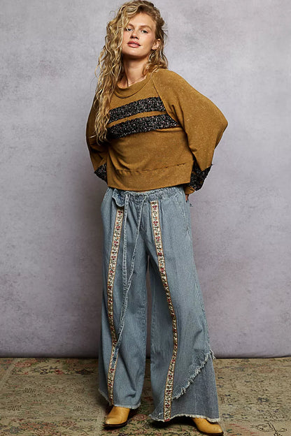 POL Print Patch Round Neck Balloon Sleeve Cropped Top - Tigbul's Variety Fashion Shop
