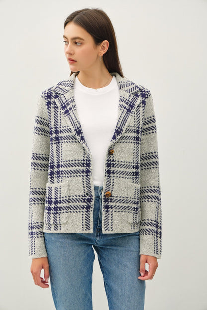 Be Cool Plaid Long Sleeve Sweater Jacket with Front Patch Pockets - Tigbul's Variety Fashion Shop