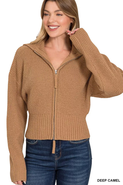 Zenana Ribbed Collared Zip Up Sweater Cardigan - Tigbul's Variety Fashion Shop