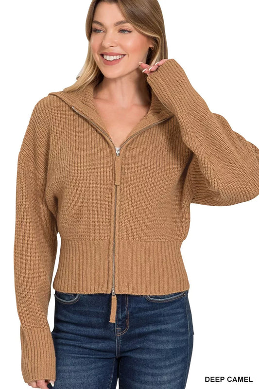 Zenana Ribbed Collared Zip Up Sweater Cardigan - Tigbul's Variety Fashion Shop
