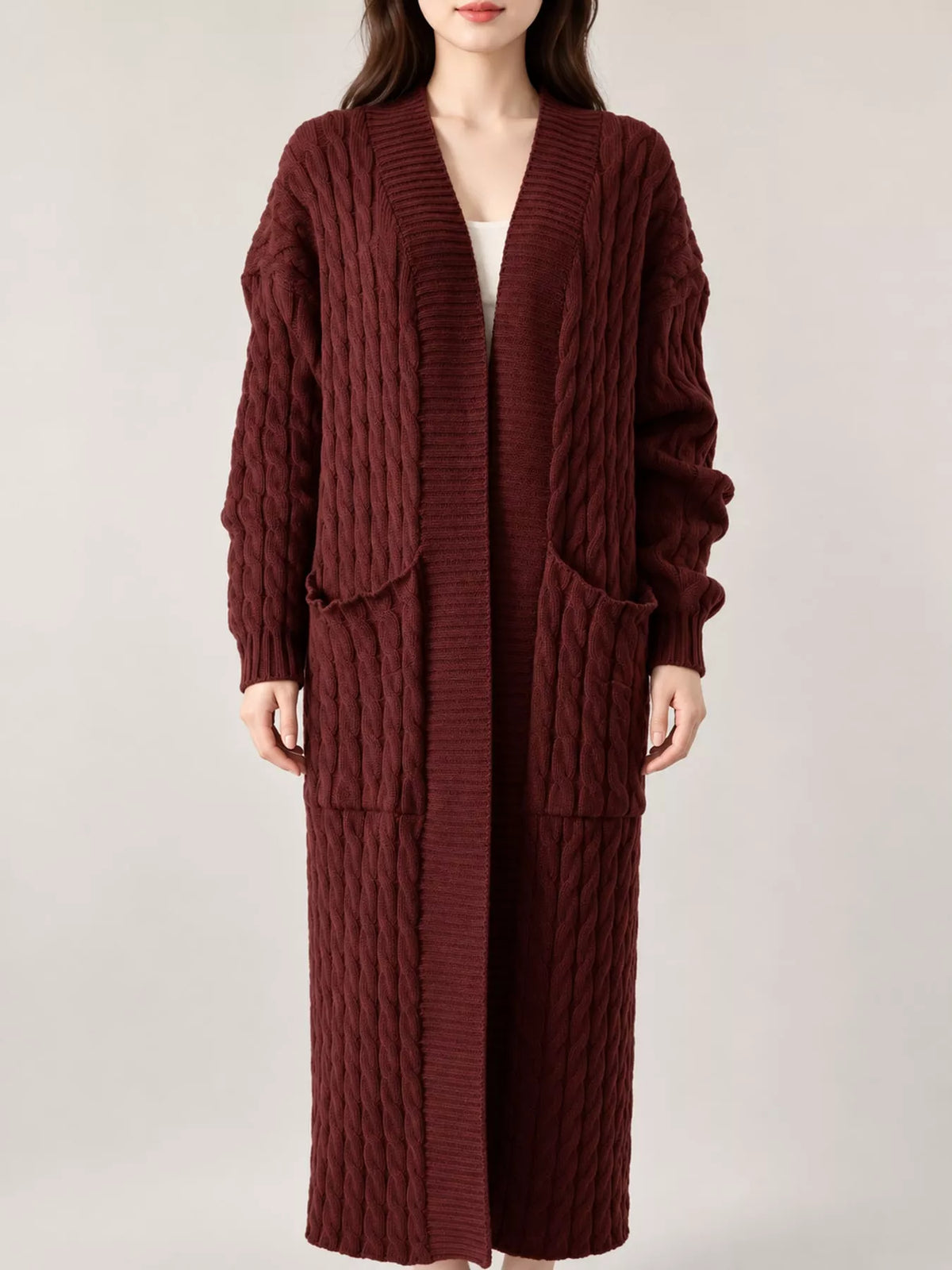 Elegant Cable-Knit Longline Open-Front Cardigan | Tigbuls Variety