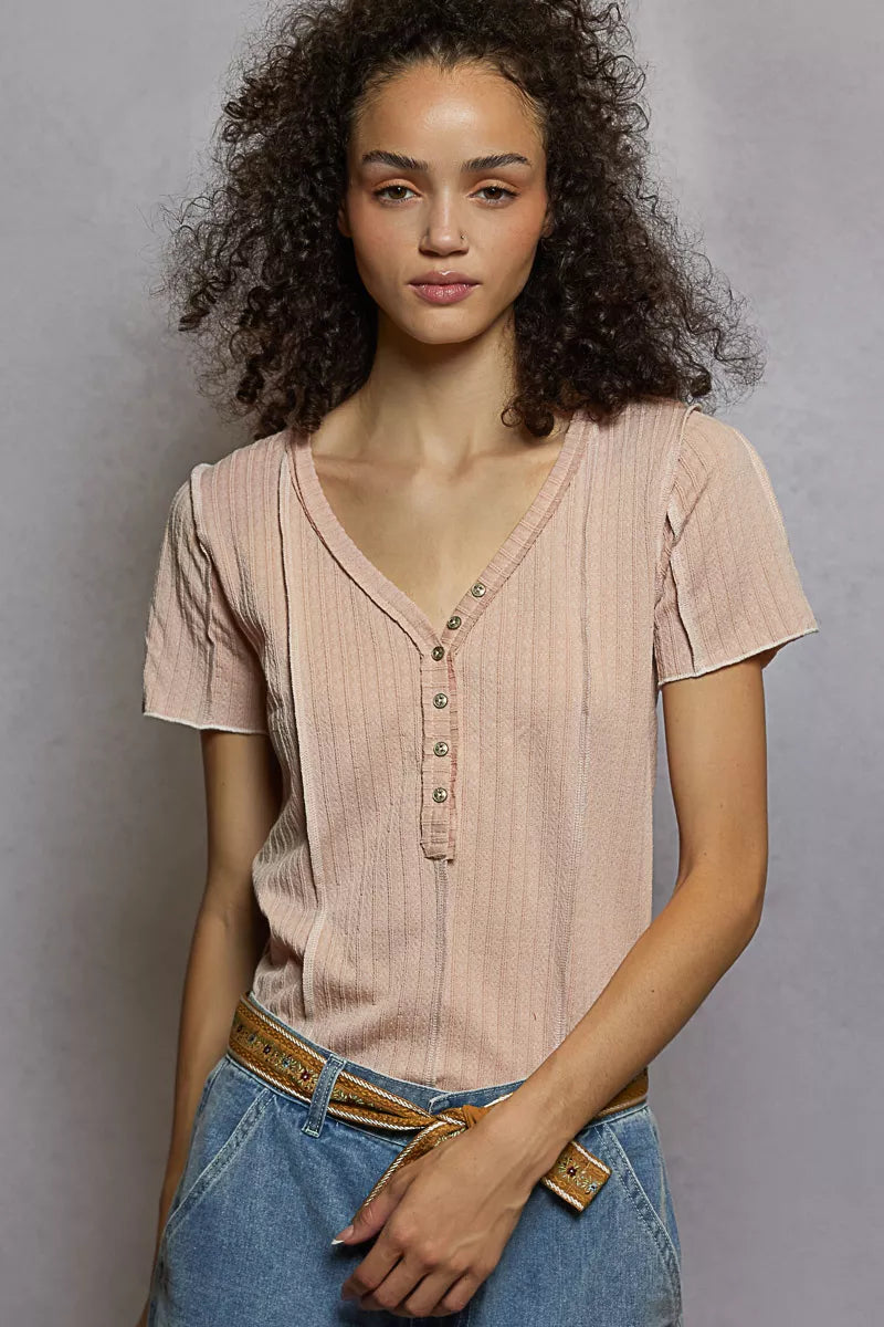 POL V-Neck Short Sleeve Top with Stitch Seam Detail - Tigbul's Variety Fashion Shop