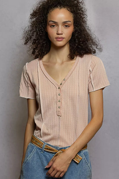 POL V-Neck Short Sleeve Top with Stitch Seam Detail - Tigbul's Variety Fashion Shop