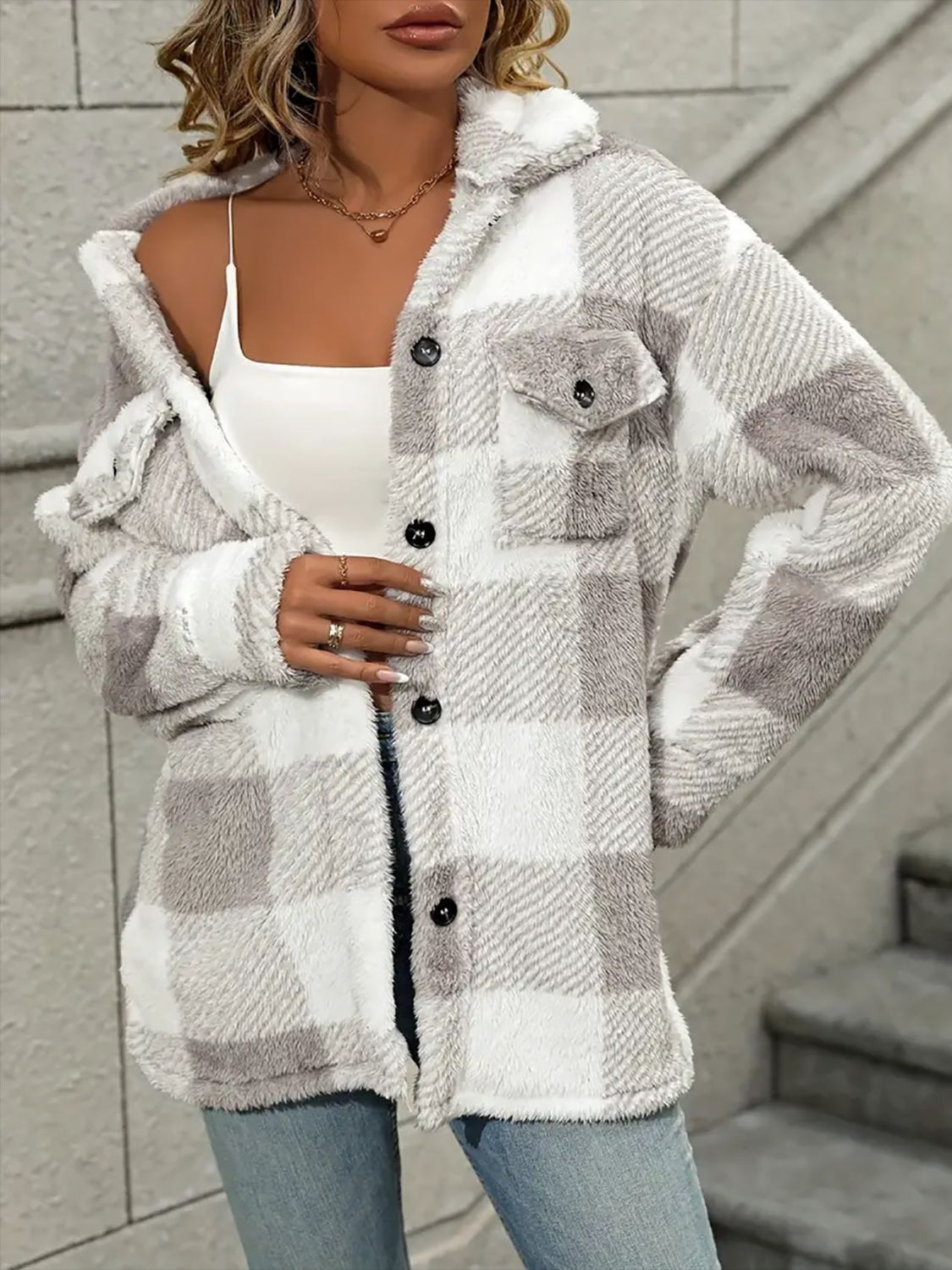 Plaid Dropped Shoulder Long Sleeve Plush Coat - Tigbul's Variety Fashion Shop